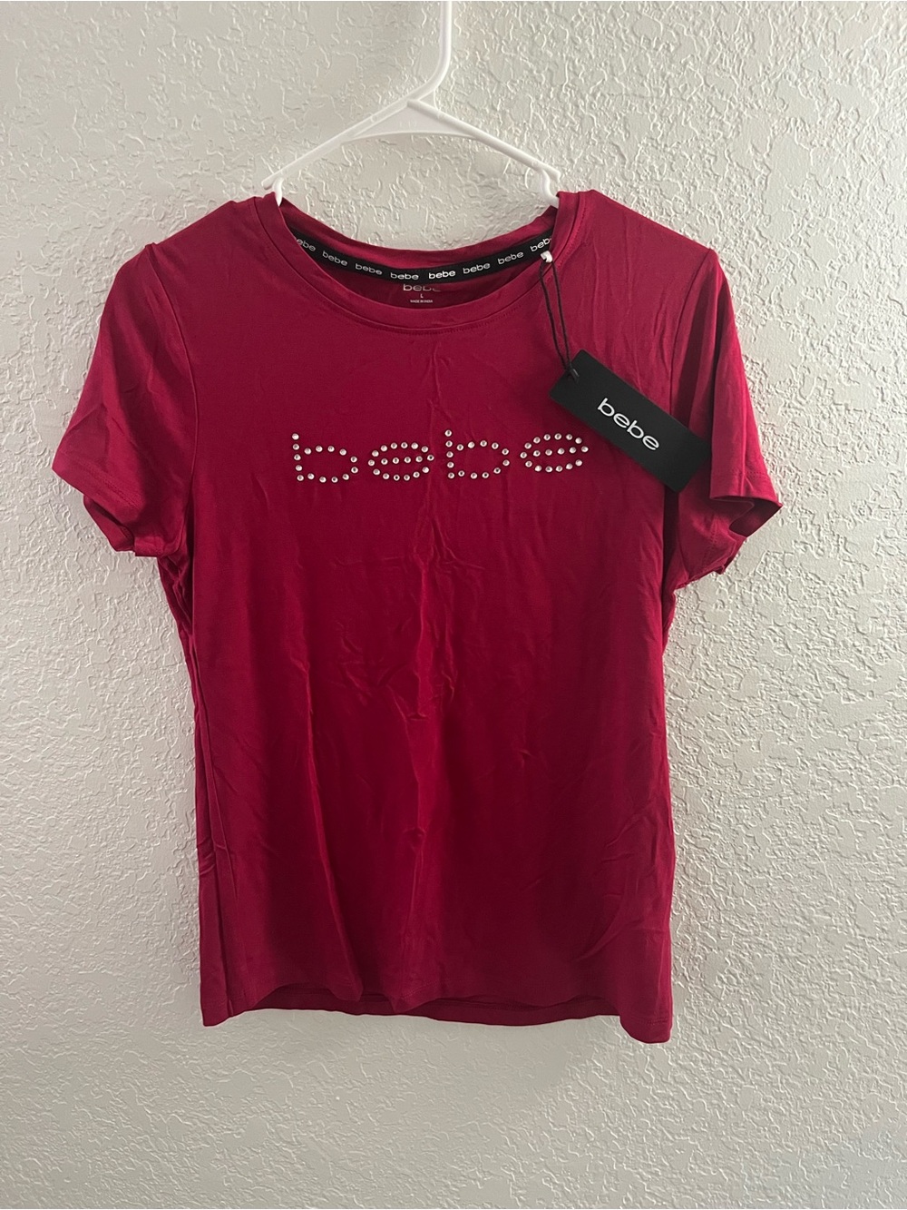bebe Cranberry Red Crystal Logo Short Sleeve Tee